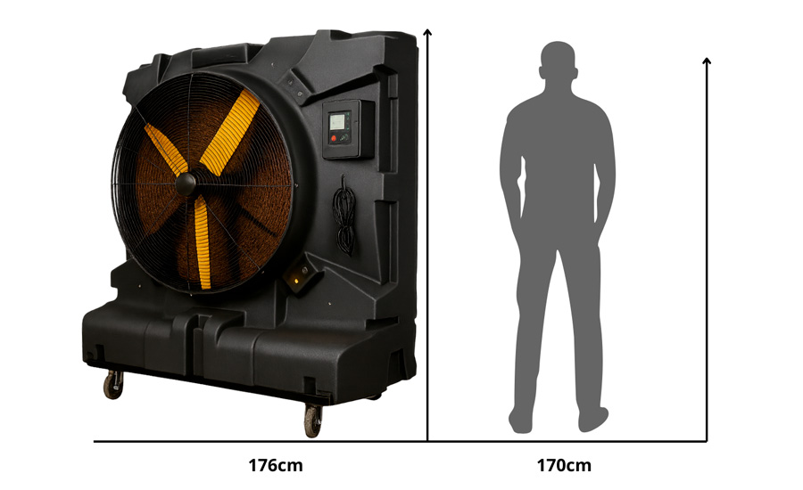 Dimensioni Raffrescatore Evaporativo Adibatico Kaltermann KM 30 di altezza 176cm in Proporzione a un Uomo di 170cm