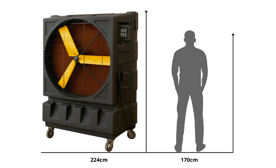 Dimensioni Raffrescatore Evaporativo Adibatico Kaltermann KM 48 di altezza 224cm in Proporzione a un Uomo di 170cm
