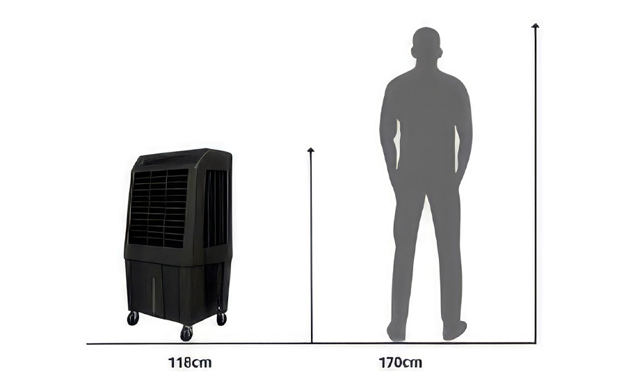 Dimensioni Raffrescatore Evaporativo Adibatico Kaltermann VL 50 di altezza 118cm in Proporzione a un Uomo di 170cm