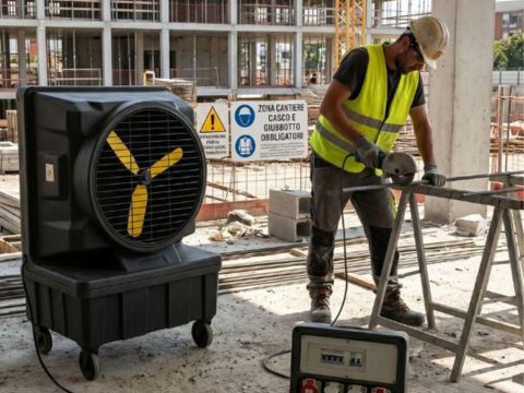 Raffrescatore Evaporativo Kaltermann in un cantiere edile vicino a operaio e zona di taglio materiale